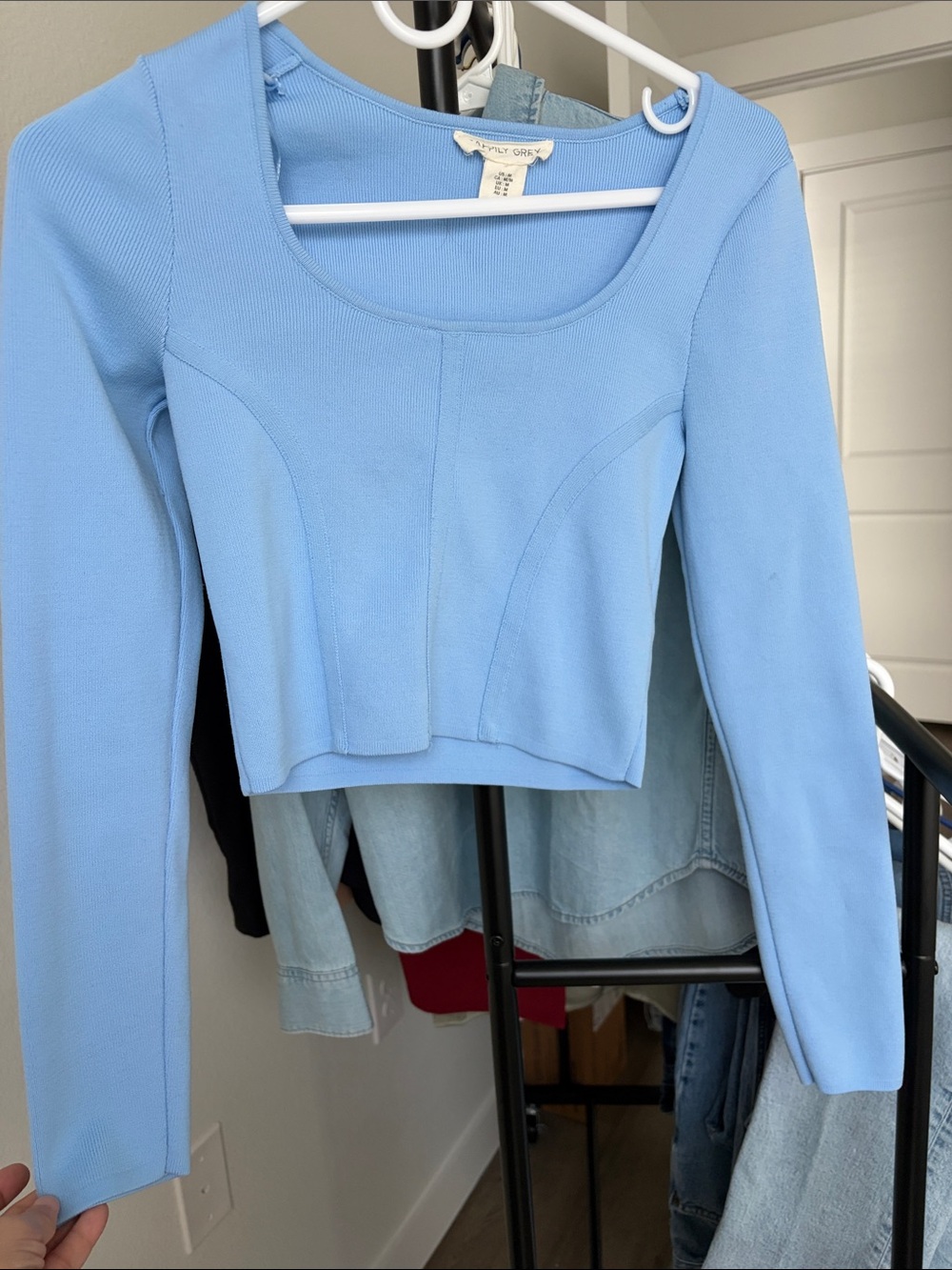 Light Blue Long-Sleeve Cropped Scoop Neck Top -